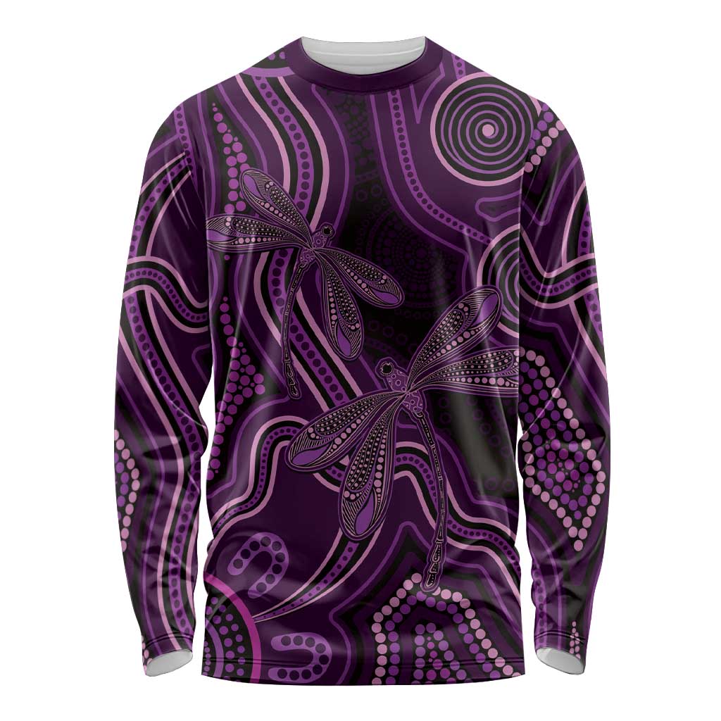 Purple Indigenous Dragonfly Australia Long Sleeve Shirt Aboriginal Art - Aussie Hoodie