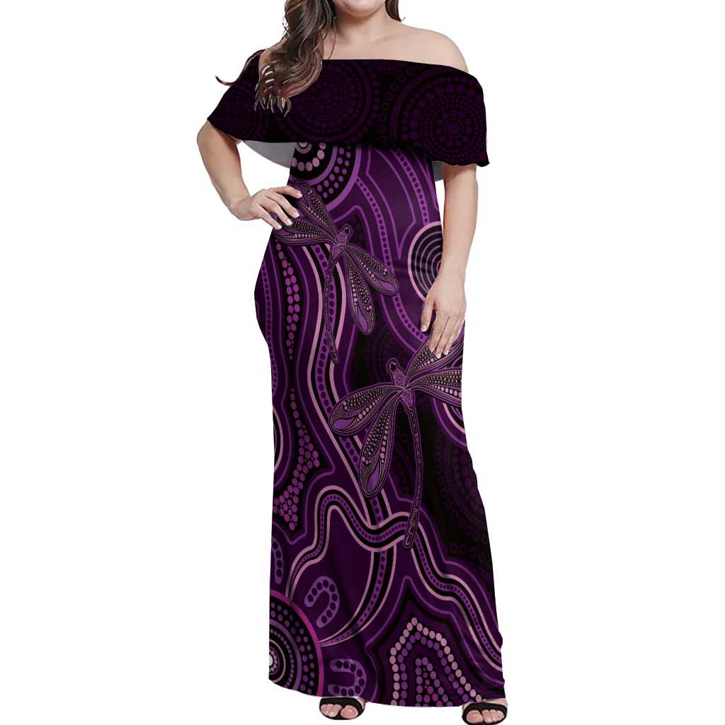 Purple Indigenous Dragonfly Australia Off Shoulder Maxi Dress Aboriginal Art - Aussie Hoodie