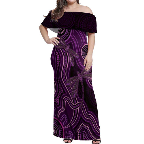 Purple Indigenous Dragonfly Australia Off Shoulder Maxi Dress Aboriginal Art - Aussie Hoodie