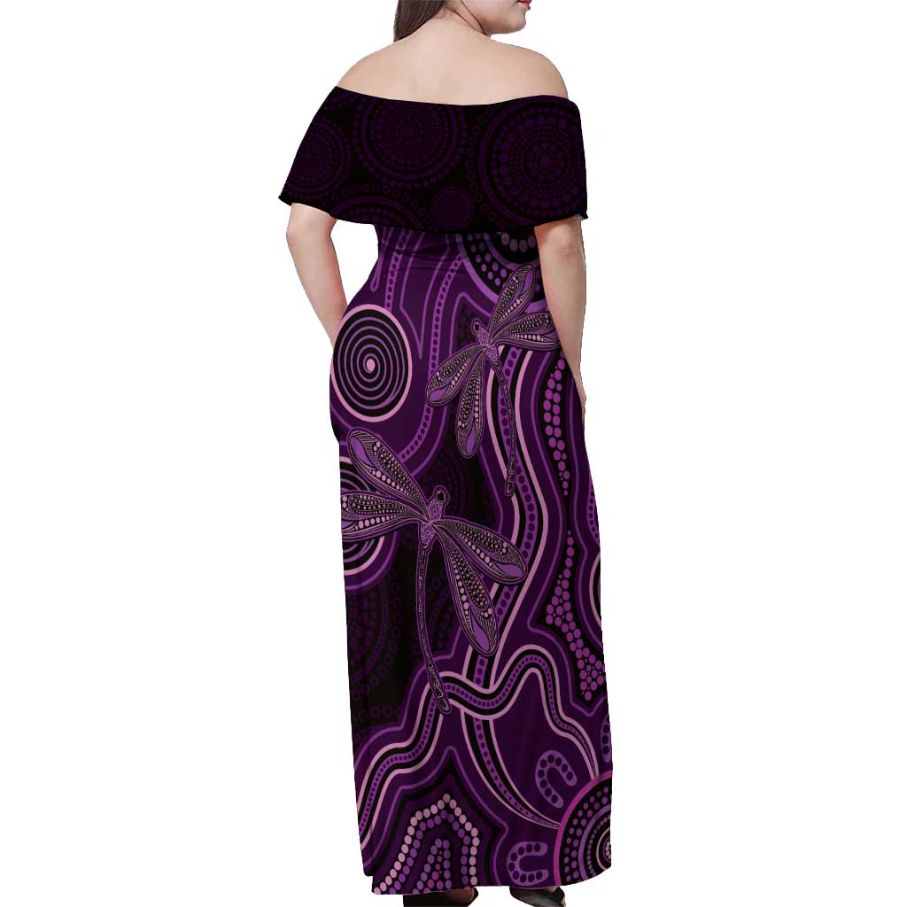 Purple Indigenous Dragonfly Australia Off Shoulder Maxi Dress Aboriginal Art - Aussie Hoodie