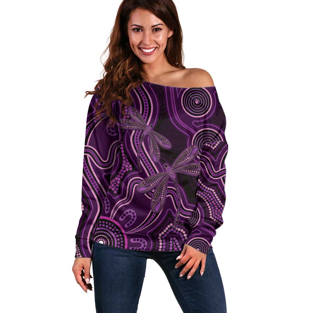 Purple Indigenous Dragonfly Australia Off Shoulder Sweater Aboriginal Art - Aussie Hoodie