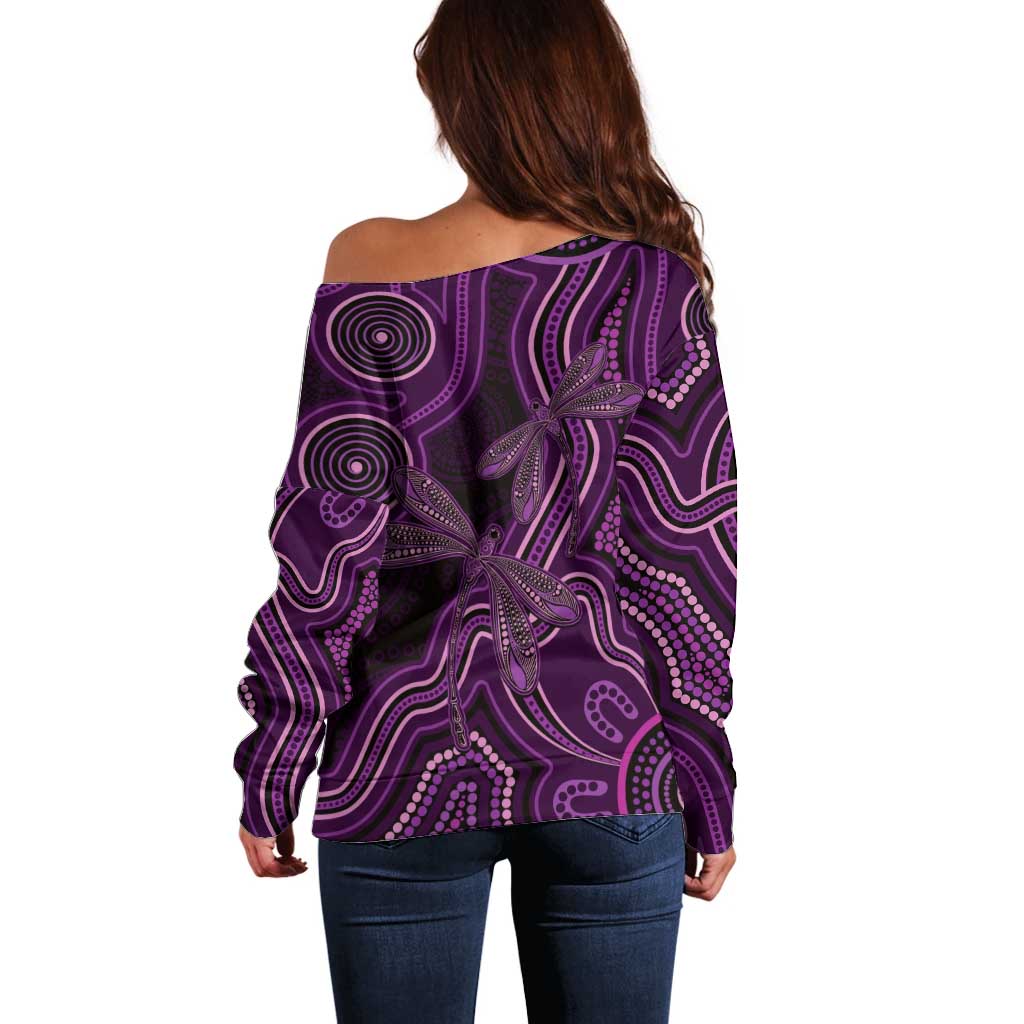 Purple Indigenous Dragonfly Australia Off Shoulder Sweater Aboriginal Art - Aussie Hoodie