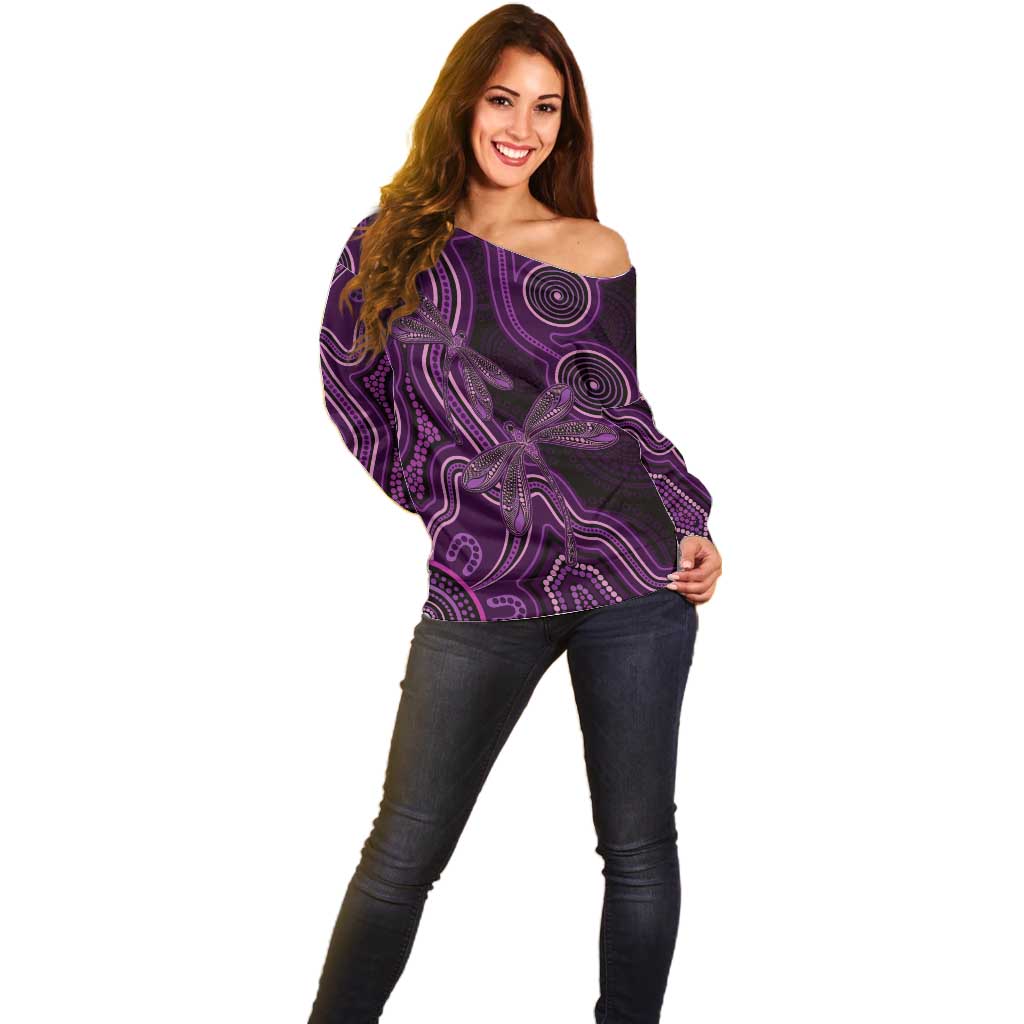 Purple Indigenous Dragonfly Australia Off Shoulder Sweater Aboriginal Art - Aussie Hoodie