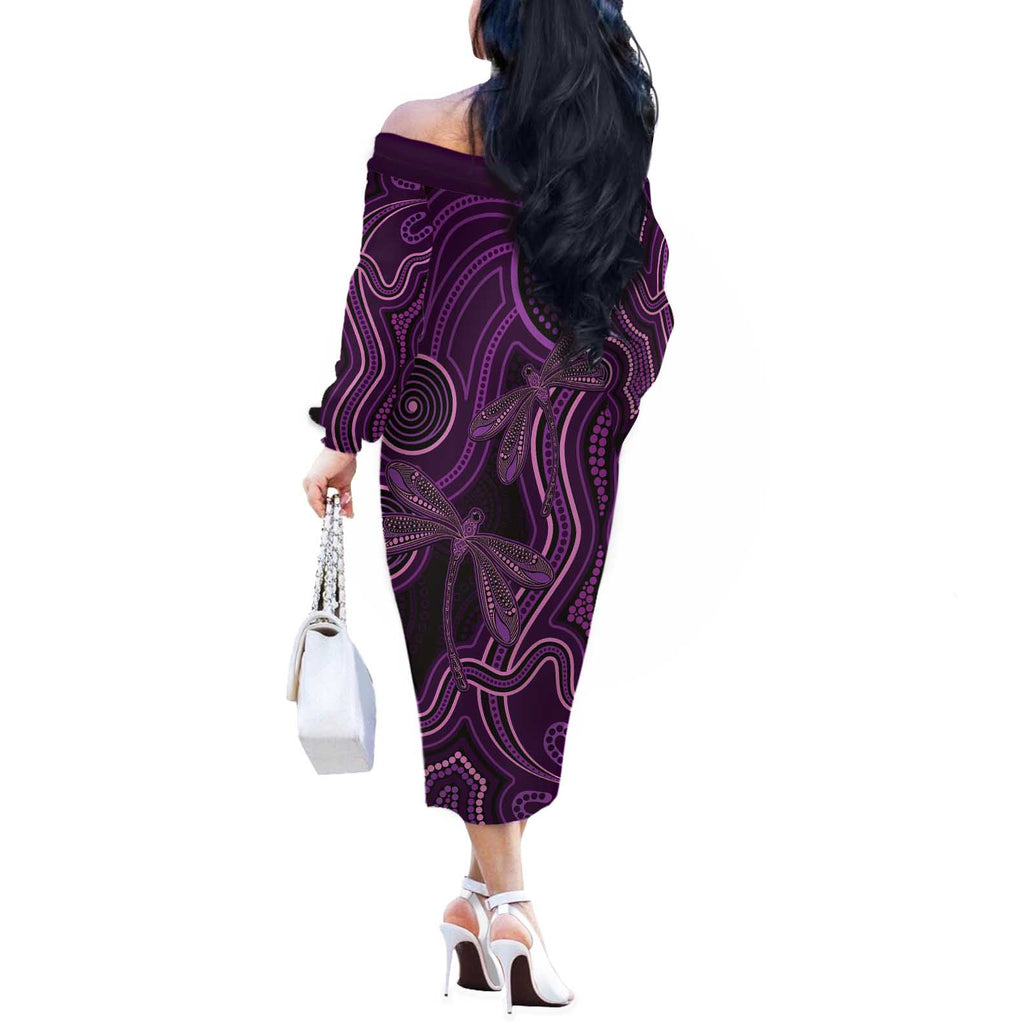Purple Indigenous Dragonfly Australia Off The Shoulder Long Sleeve Dress Aboriginal Art - Aussie Hoodie