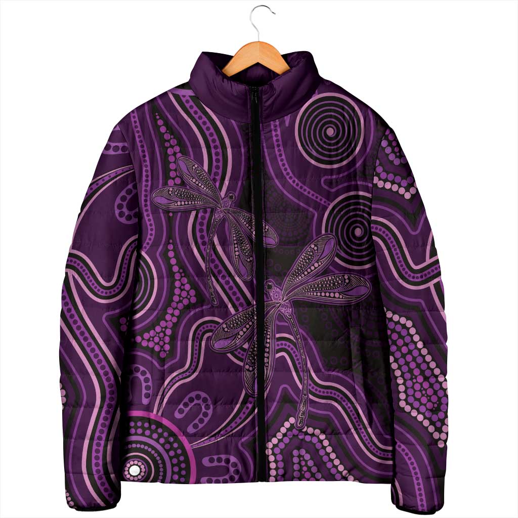 Purple Indigenous Dragonfly Australia Padded Jacket Aboriginal Art - Aussie Hoodie