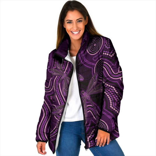 Purple Indigenous Dragonfly Australia Padded Jacket Aboriginal Art - Aussie Hoodie