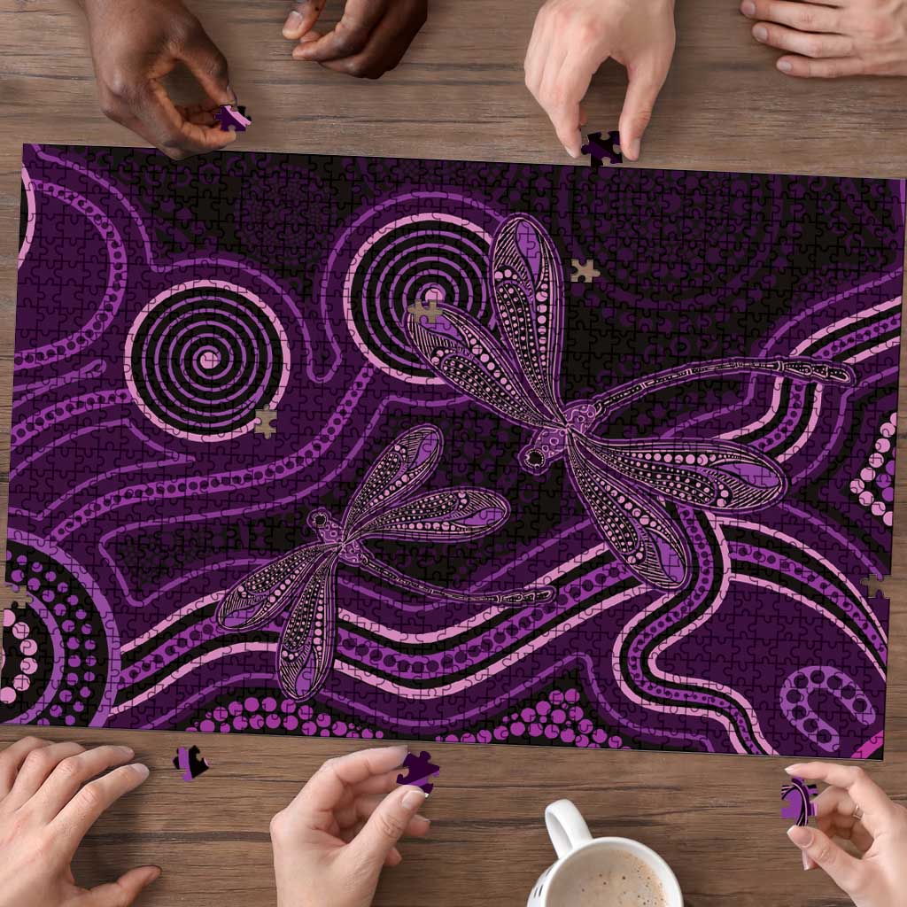 Purple Indigenous Dragonfly Australia Puzzle Aboriginal Art - Aussie Hoodie