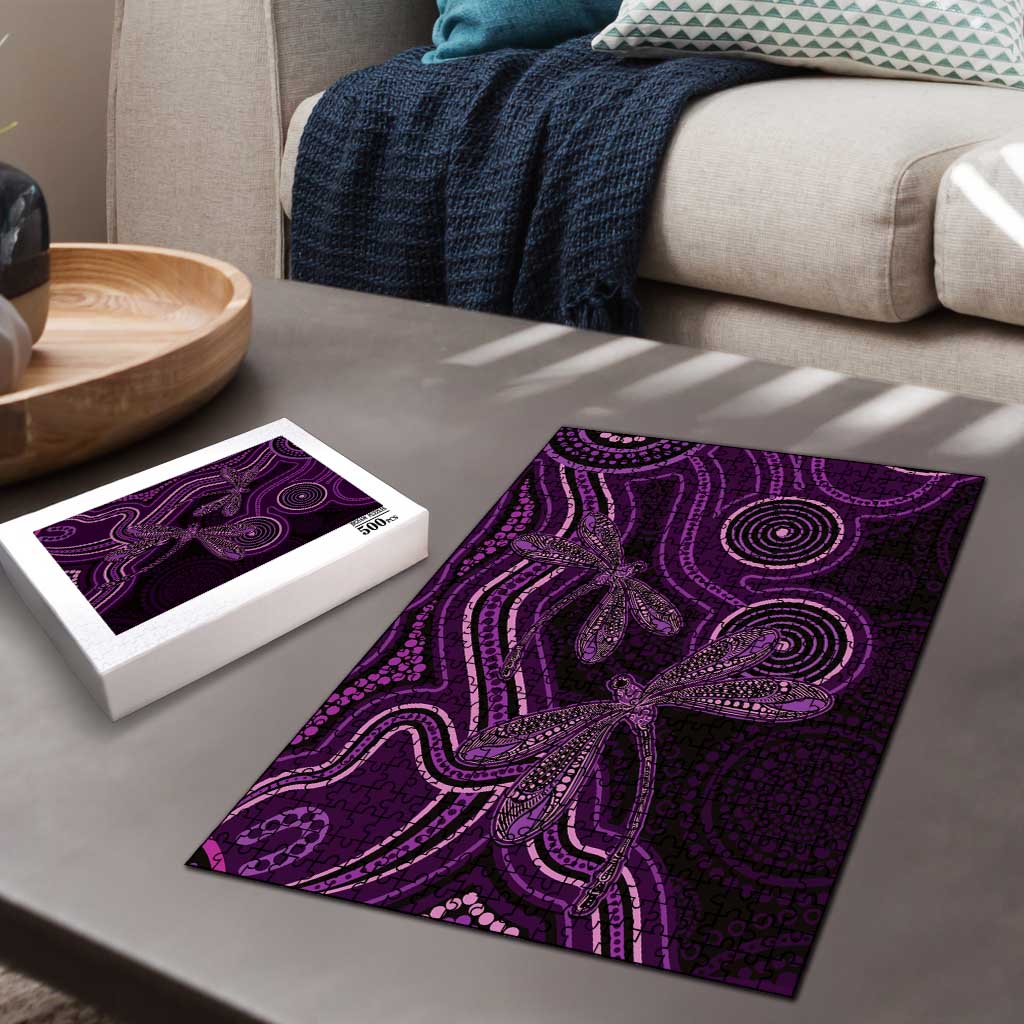 Purple Indigenous Dragonfly Australia Puzzle Aboriginal Art - Aussie Hoodie