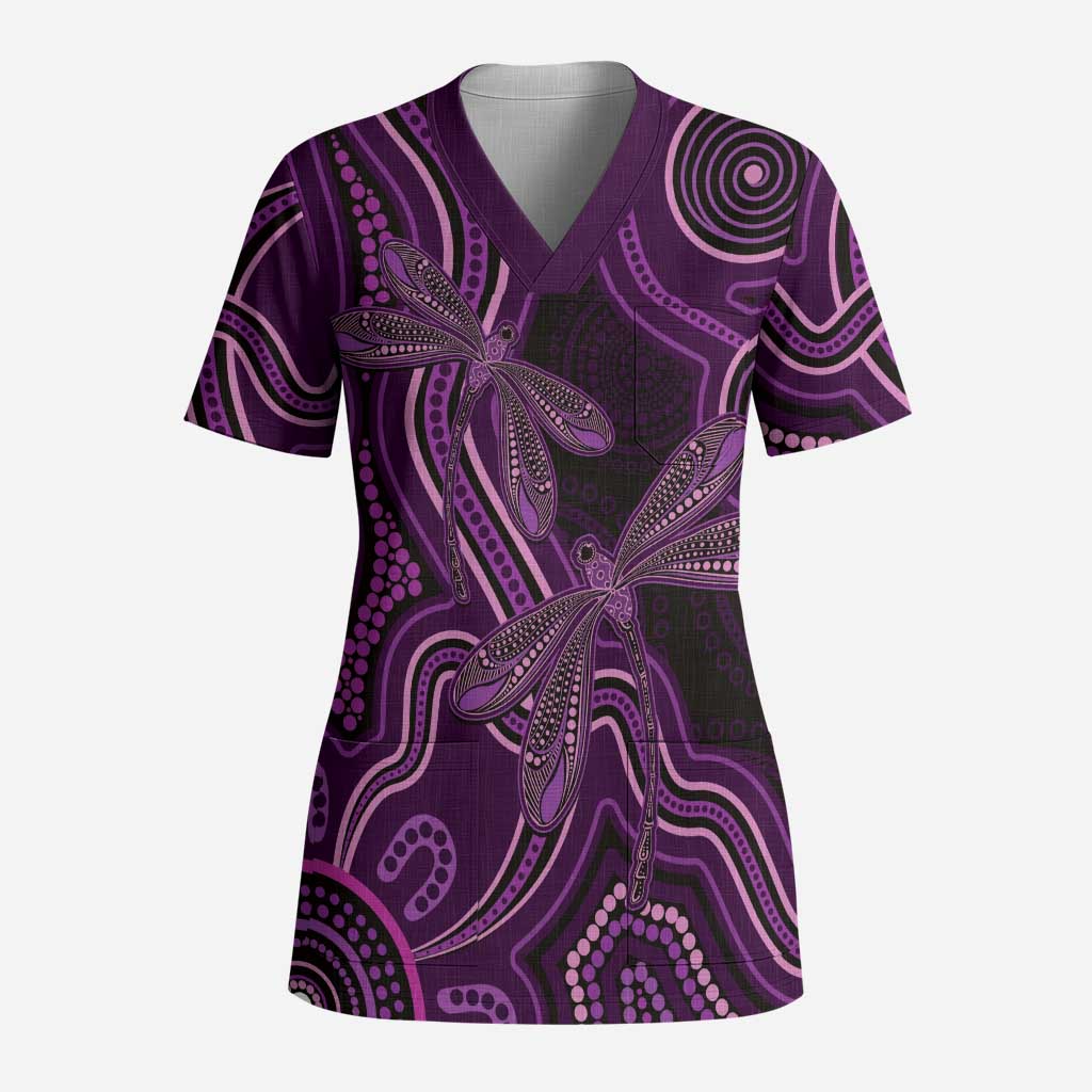 Purple Indigenous Dragonfly Australia Scrub Top Aboriginal Art - Aussie Hoodie