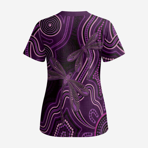 Purple Indigenous Dragonfly Australia Scrub Top Aboriginal Art - Aussie Hoodie