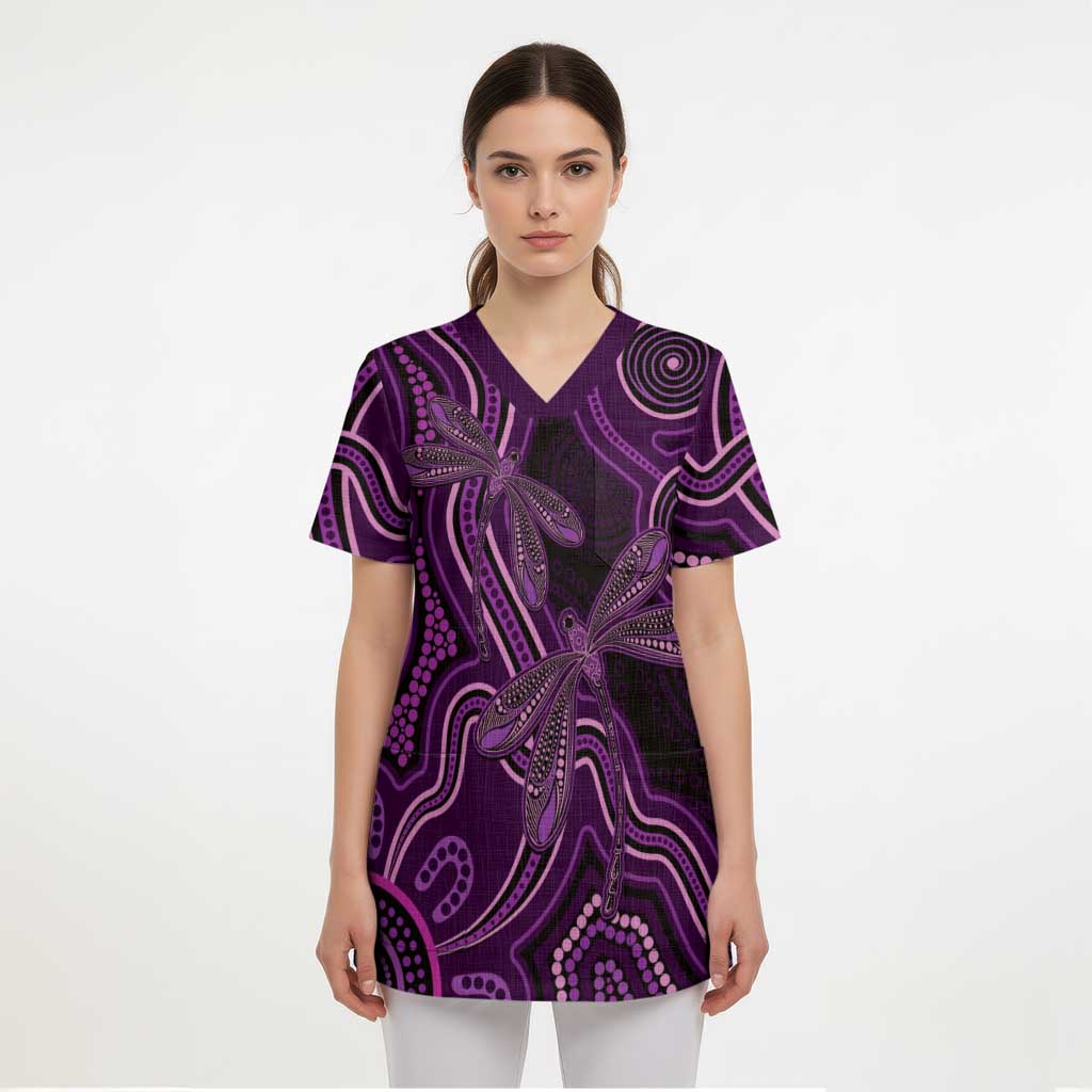 Purple Indigenous Dragonfly Australia Scrub Top Aboriginal Art - Aussie Hoodie