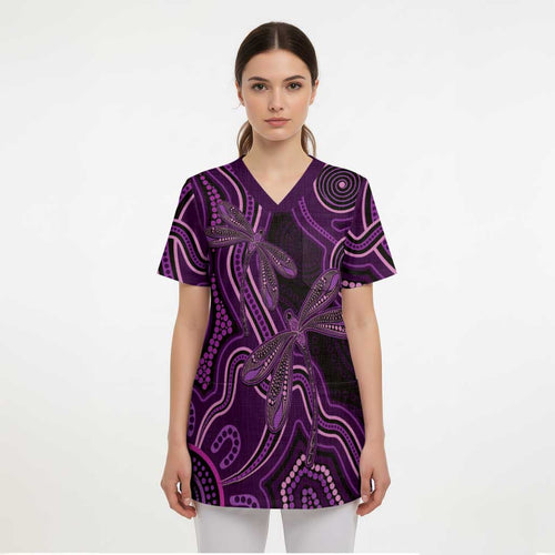 Purple Indigenous Dragonfly Australia Scrub Top Aboriginal Art - Aussie Hoodie