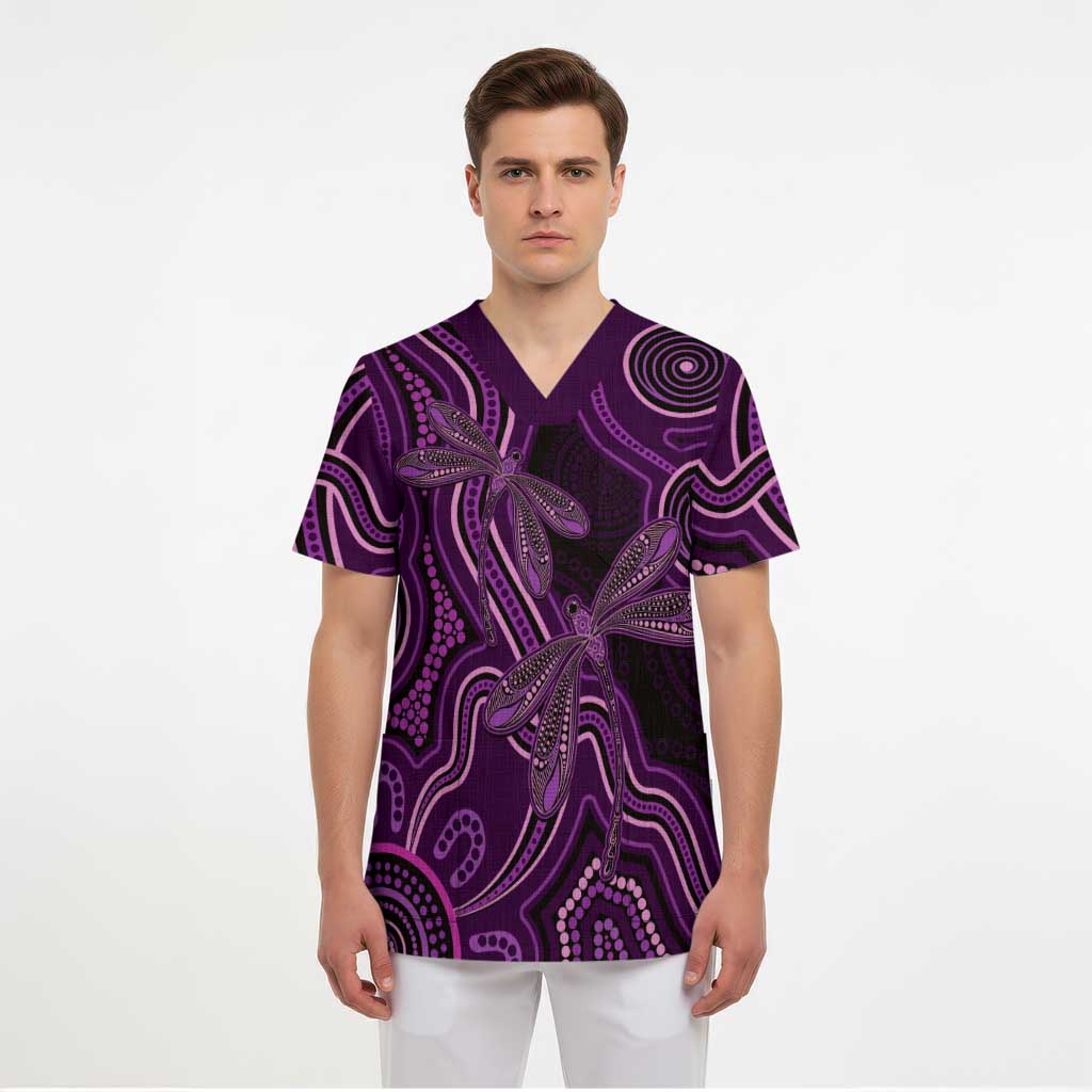Purple Indigenous Dragonfly Australia Scrub Top Aboriginal Art - Aussie Hoodie