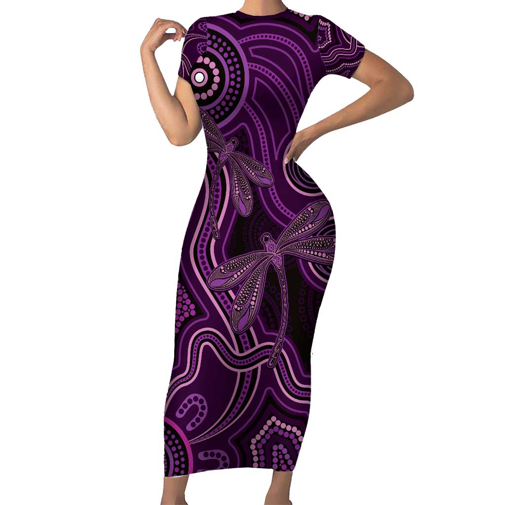 Purple Indigenous Dragonfly Australia Short Sleeve Bodycon Dress Aboriginal Art - Aussie Hoodie