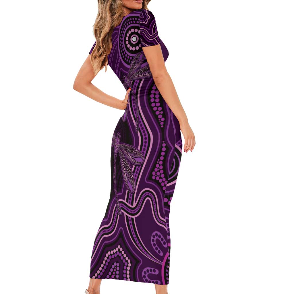 Purple Indigenous Dragonfly Australia Short Sleeve Bodycon Dress Aboriginal Art - Aussie Hoodie