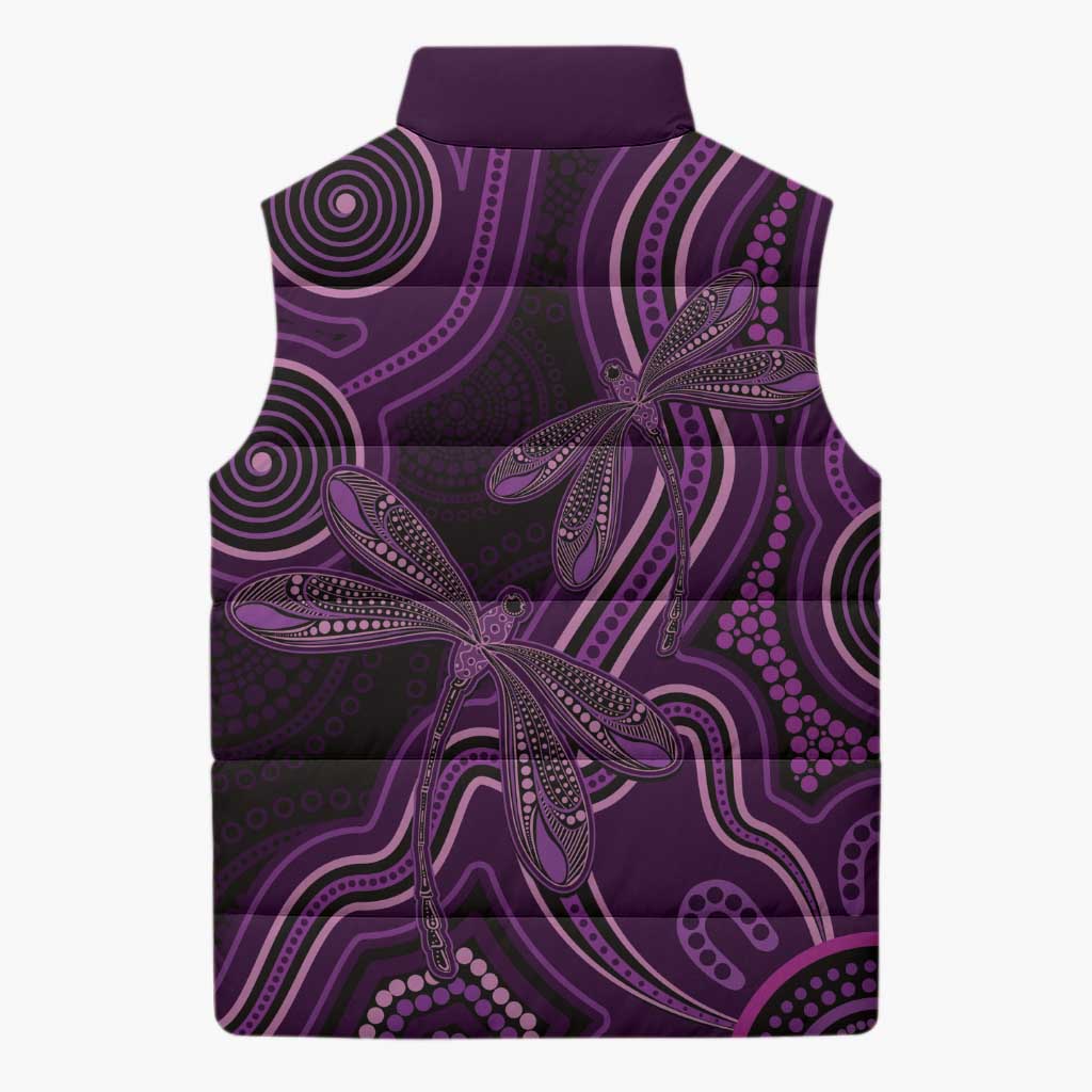 Purple Indigenous Dragonfly Australia Sleeveless Puffer Jacket Aboriginal Art - Aussie Hoodie