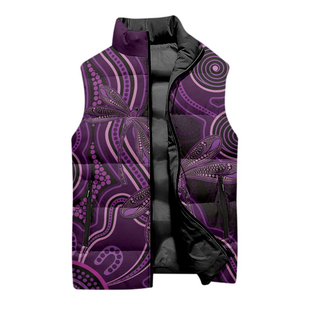 Purple Indigenous Dragonfly Australia Sleeveless Puffer Jacket Aboriginal Art - Aussie Hoodie