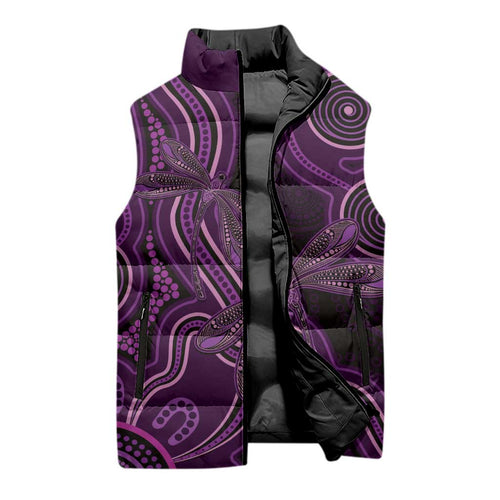 Purple Indigenous Dragonfly Australia Sleeveless Puffer Jacket Aboriginal Art - Aussie Hoodie