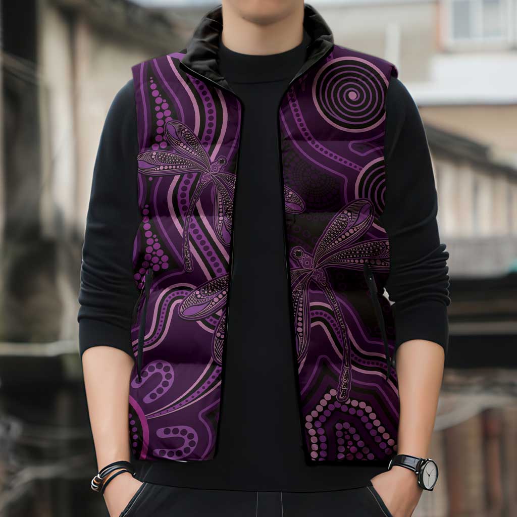 Purple Indigenous Dragonfly Australia Sleeveless Puffer Jacket Aboriginal Art - Aussie Hoodie