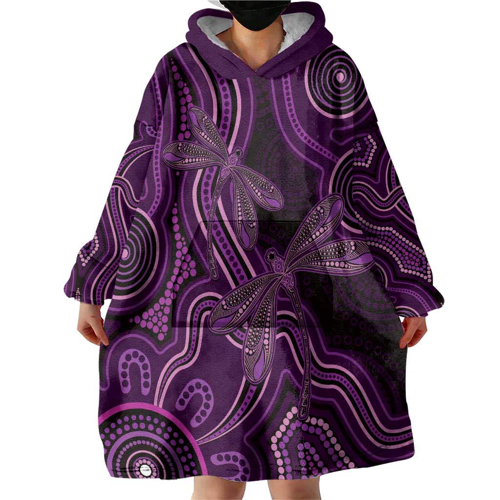 Purple Indigenous Dragonfly Australia Wearable Blanket Hoodie Aboriginal Art - Aussie Hoodie