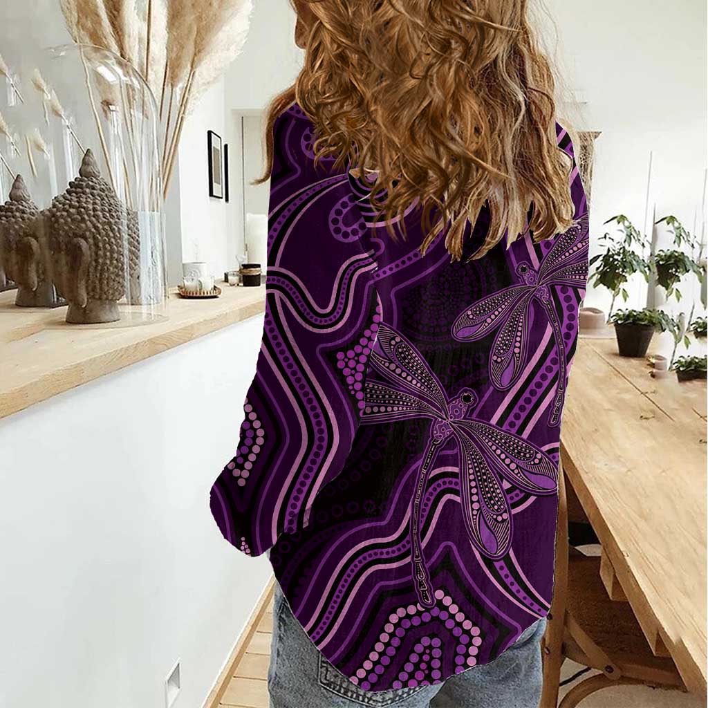 Purple Indigenous Dragonfly Australia Women Casual Shirt Aboriginal Art - Aussie Hoodie