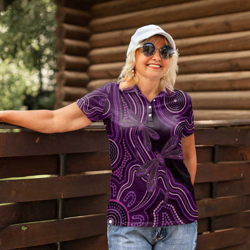 Purple Indigenous Dragonfly Australia Women Polo Shirt Aboriginal Art - Aussie Hoodie