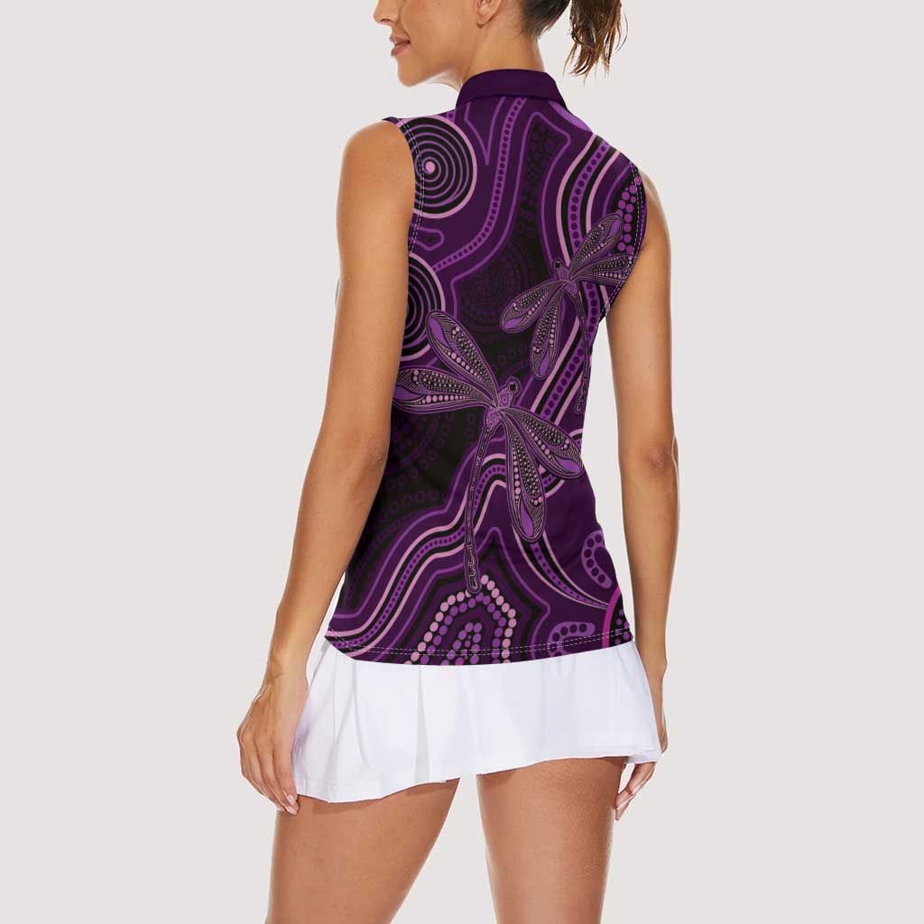 Purple Indigenous Dragonfly Australia Women Sleeveless Polo Shirt Aboriginal Art - Aussie Hoodie