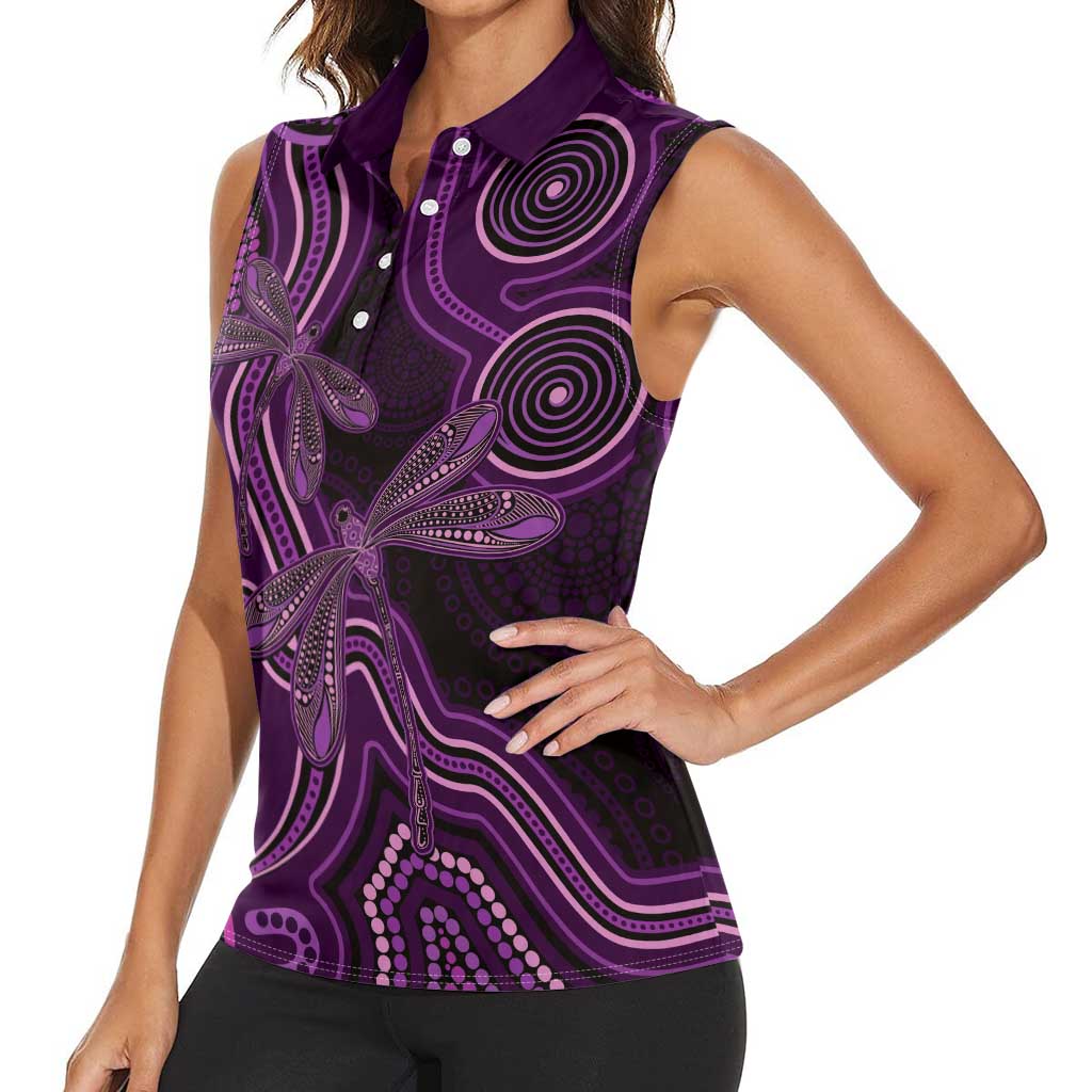 Purple Indigenous Dragonfly Australia Women Sleeveless Polo Shirt Aboriginal Art - Aussie Hoodie