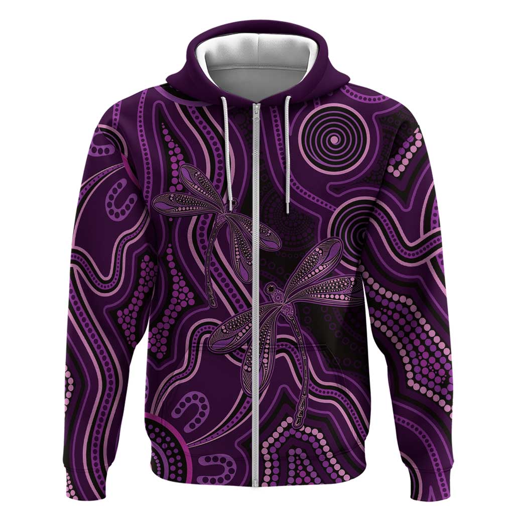 Purple Indigenous Dragonfly Australia Zip Hoodie Aboriginal Art - Aussie Hoodie