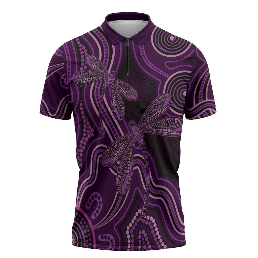 Purple Indigenous Dragonfly Australia Zipper Polo Shirt Aboriginal Art - Aussie Hoodie