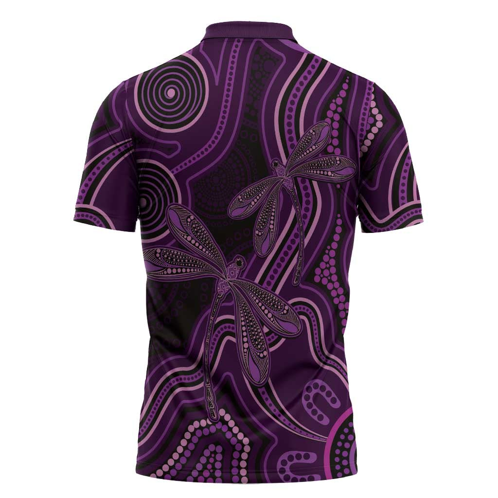 Purple Indigenous Dragonfly Australia Zipper Polo Shirt Aboriginal Art - Aussie Hoodie
