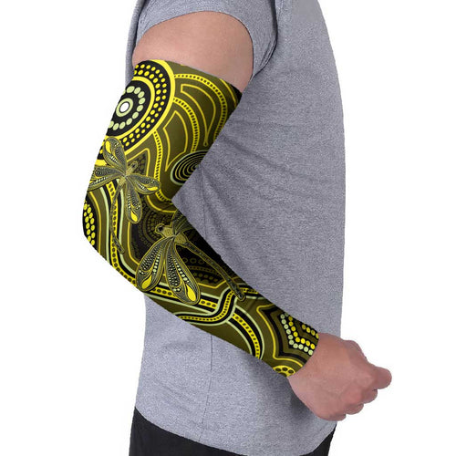 Yellow Indigenous Dragonfly Australia Arm Sleeves Aboriginal Art - Aussie Hoodie