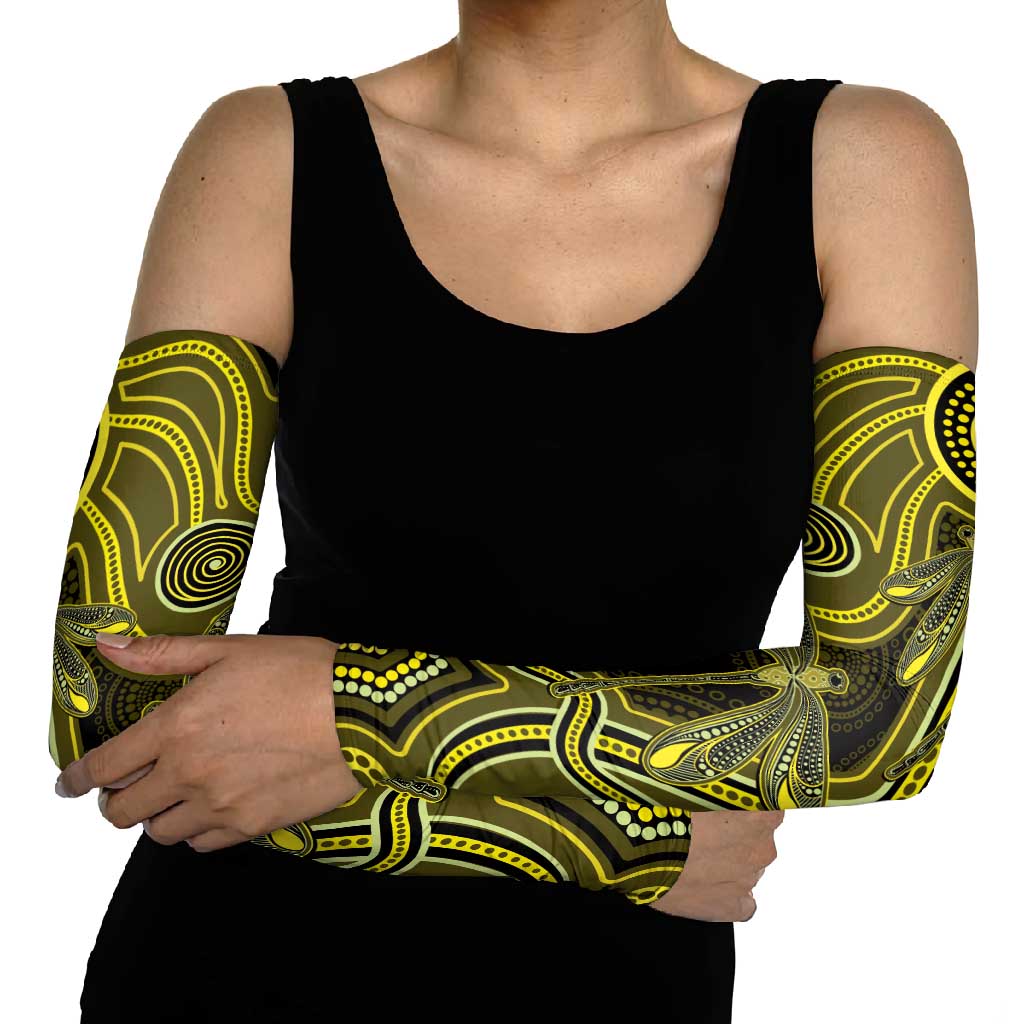 Yellow Indigenous Dragonfly Australia Arm Sleeves Aboriginal Art - Aussie Hoodie