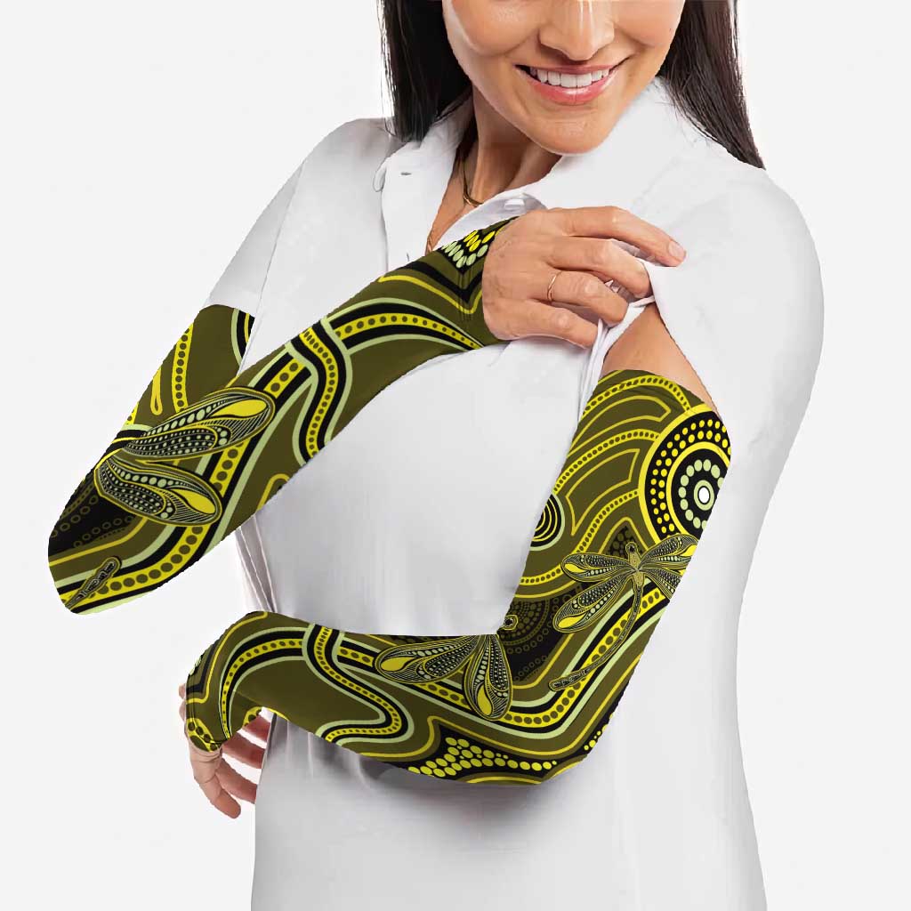Yellow Indigenous Dragonfly Australia Arm Sleeves Aboriginal Art - Aussie Hoodie