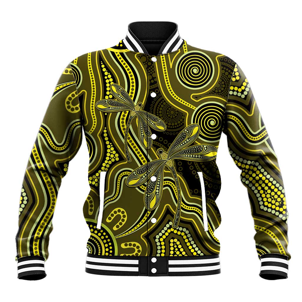 Yellow Indigenous Dragonfly Australia Baseball Jacket Aboriginal Art - Aussie Hoodie
