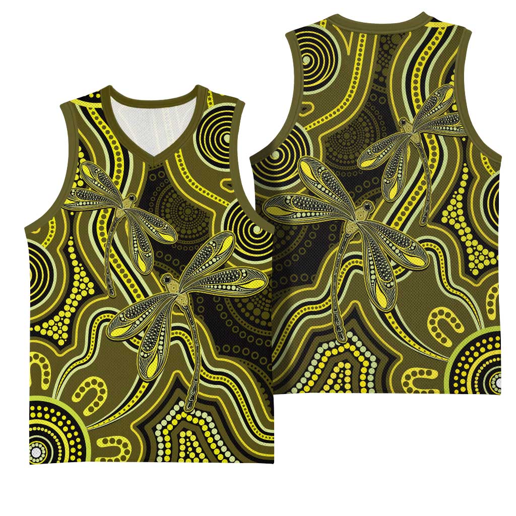 Yellow Indigenous Dragonfly Australia Basketball Jersey Aboriginal Art - Aussie Hoodie