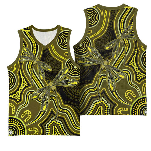 Yellow Indigenous Dragonfly Australia Basketball Jersey Aboriginal Art - Aussie Hoodie