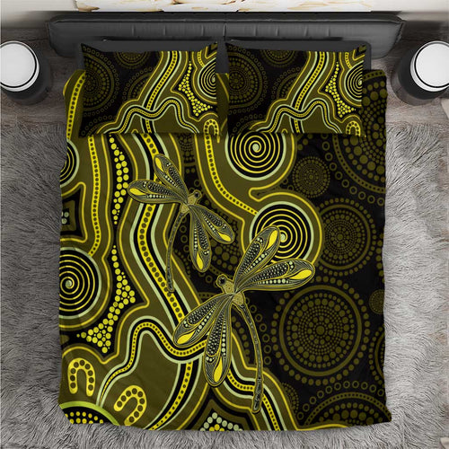 Yellow Indigenous Dragonfly Australia Bedding Set Aboriginal Art - Aussie Hoodie