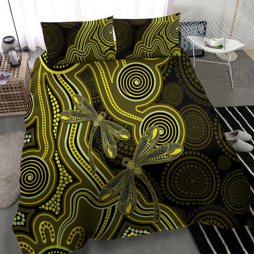 Yellow Indigenous Dragonfly Australia Bedding Set Aboriginal Art - Aussie Hoodie