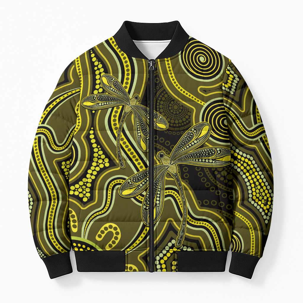 Yellow Indigenous Dragonfly Australia Bomber Puffer Jacket Aboriginal Art - Aussie Hoodie