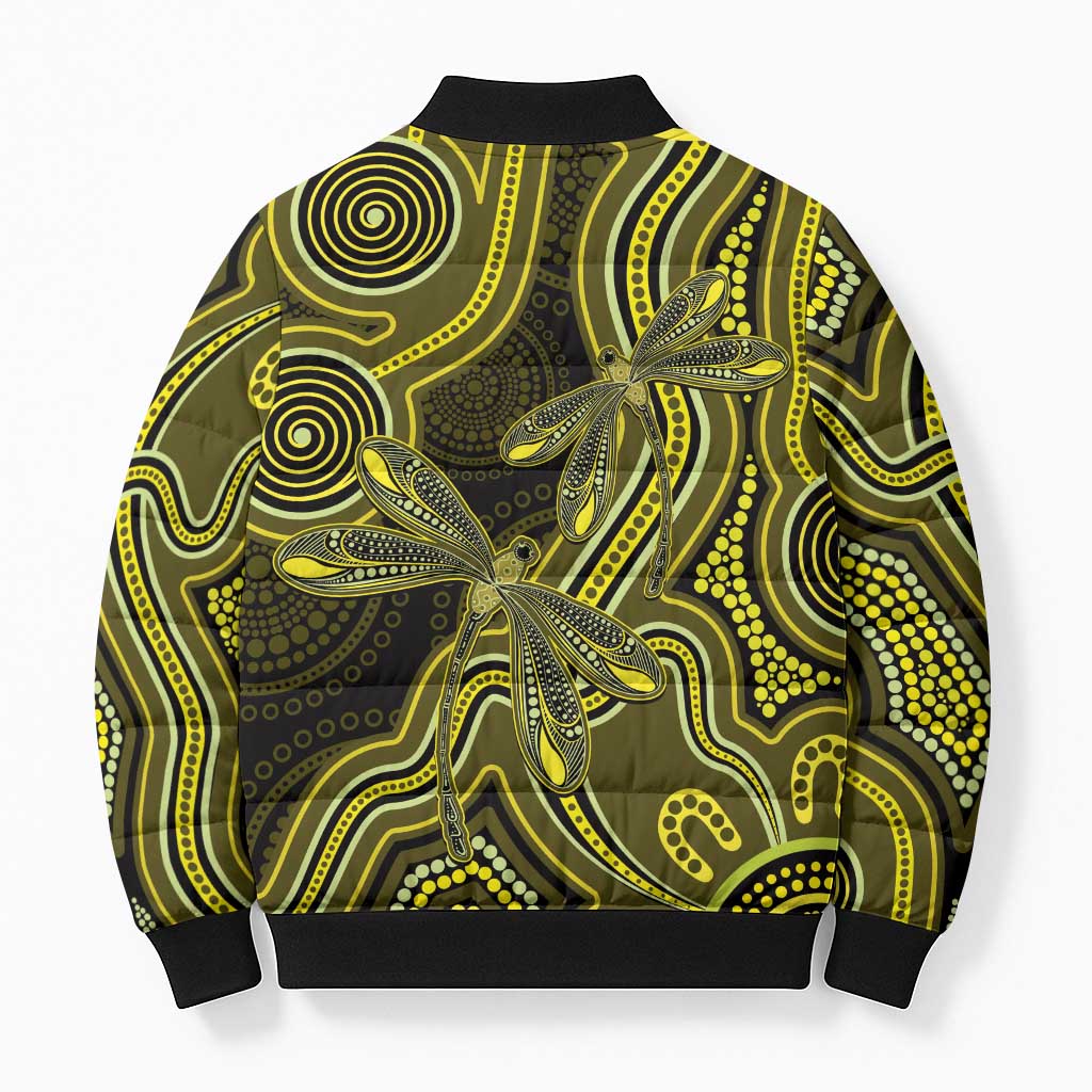 Yellow Indigenous Dragonfly Australia Bomber Puffer Jacket Aboriginal Art - Aussie Hoodie