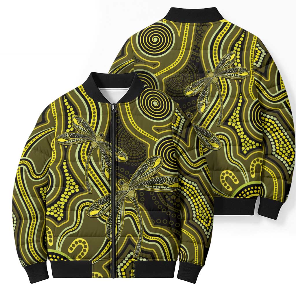 Yellow Indigenous Dragonfly Australia Bomber Puffer Jacket Aboriginal Art - Aussie Hoodie