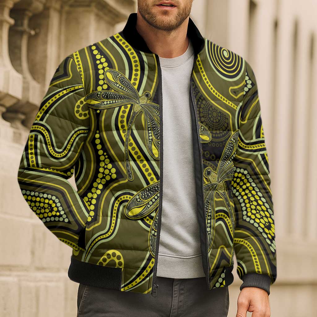 Yellow Indigenous Dragonfly Australia Bomber Puffer Jacket Aboriginal Art - Aussie Hoodie