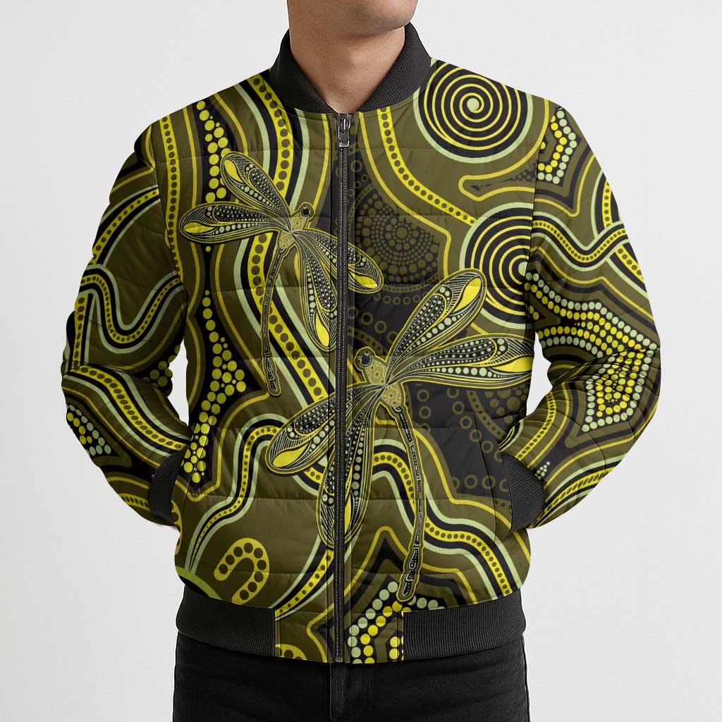 Yellow Indigenous Dragonfly Australia Bomber Puffer Jacket Aboriginal Art - Aussie Hoodie