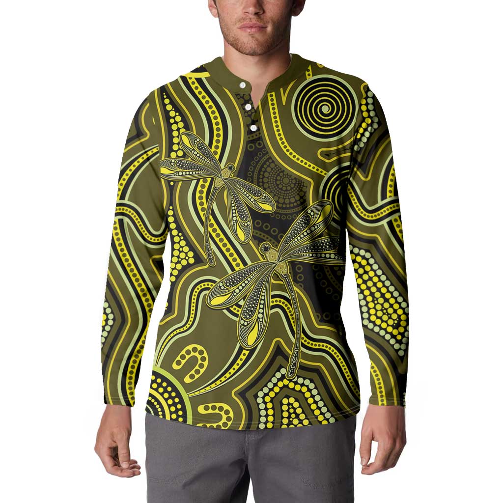Yellow Indigenous Dragonfly Australia Button Sweatshirt Aboriginal Art - Aussie Hoodie