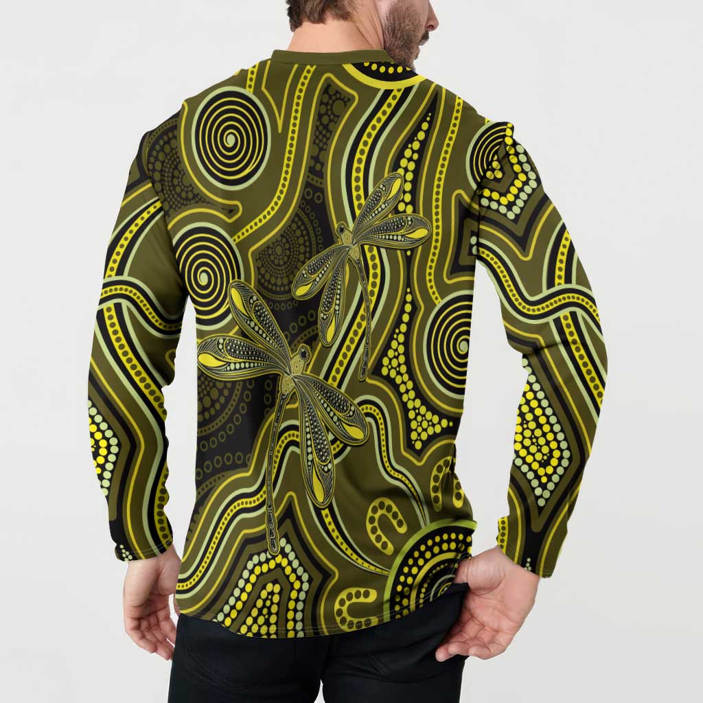 Yellow Indigenous Dragonfly Australia Button Sweatshirt Aboriginal Art - Aussie Hoodie