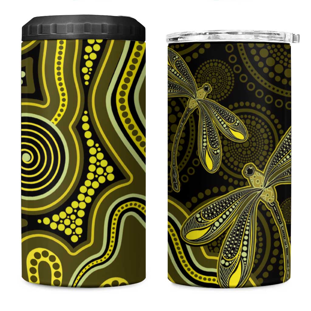 Yellow Indigenous Dragonfly Australia 4 in 1 Can Cooler Tumbler Aboriginal Art - Aussie Hoodie