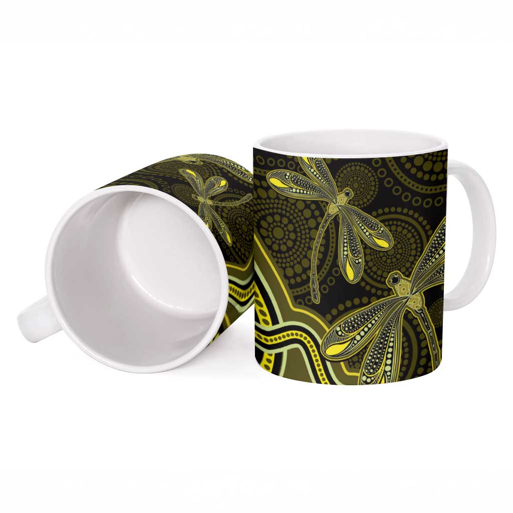 Yellow Indigenous Dragonfly Australia Ceramic Mug Aboriginal Art - Aussie Hoodie