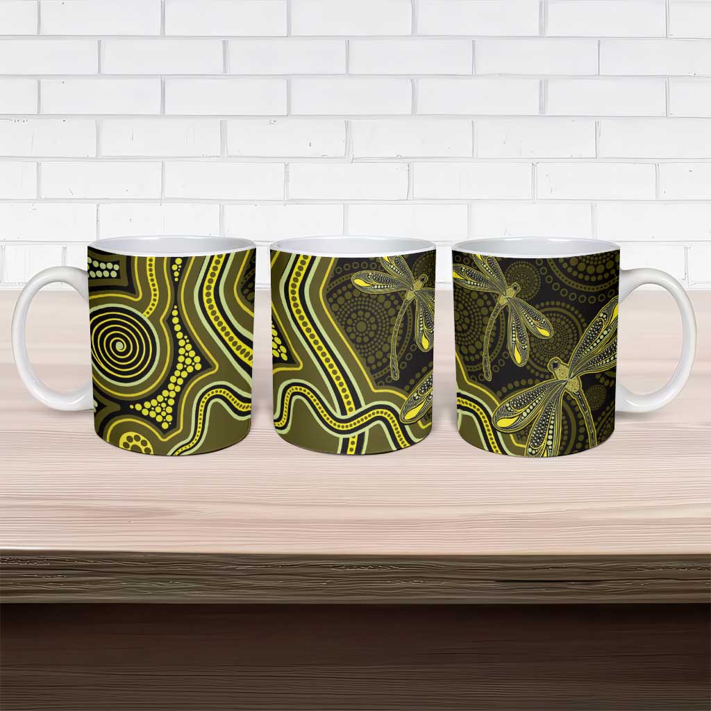 Yellow Indigenous Dragonfly Australia Ceramic Mug Aboriginal Art - Aussie Hoodie