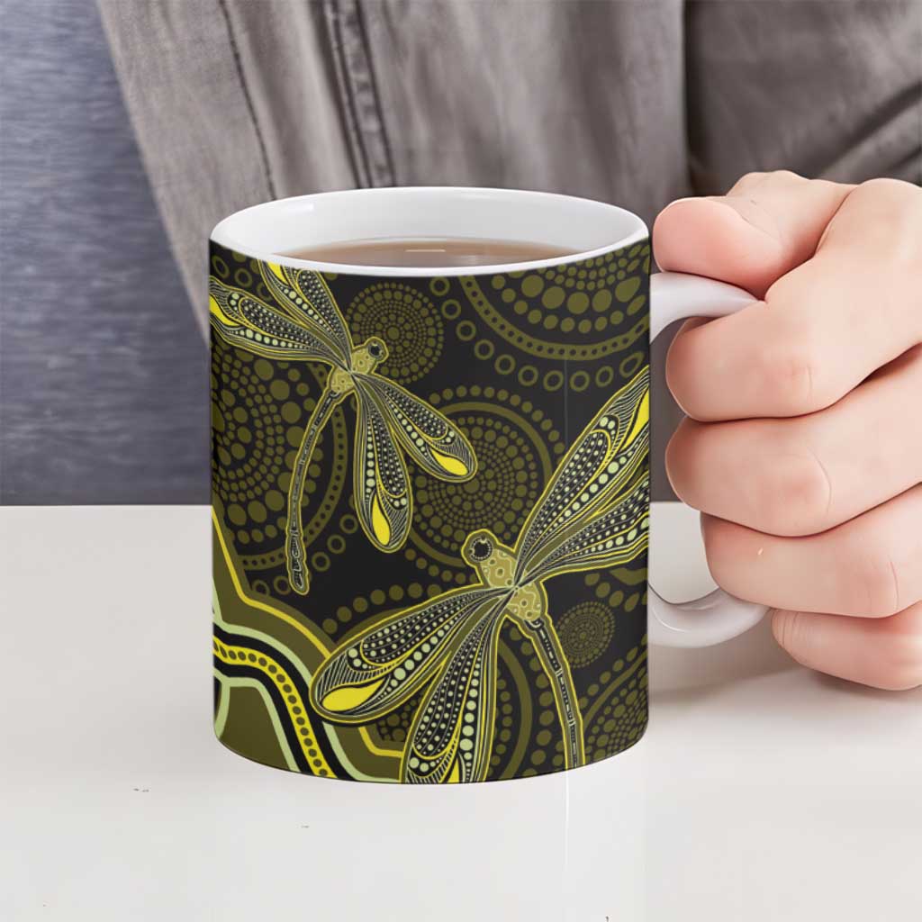 Yellow Indigenous Dragonfly Australia Ceramic Mug Aboriginal Art - Aussie Hoodie